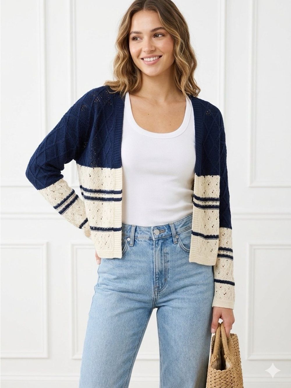 🇺🇸 Mustard Seed Blue and Cream Cardigan with Color-Block crochet Design